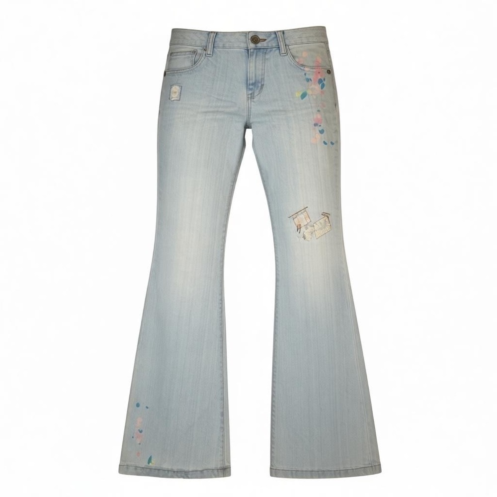 VINTAGE L.E.I. LIGHT WASH DISTRESSED PATCHED PAINT SPLATTED FLARED DENIM JEANS